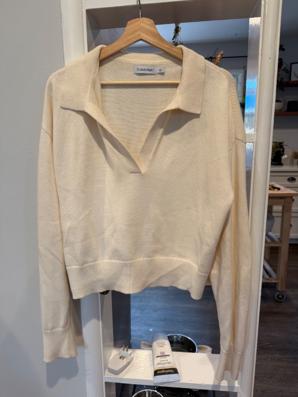 Calvin Klein Cream Cotton Knit Sweater Polo Sz M